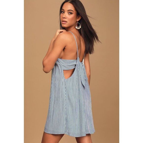 ✨Adrift Blue Striped Tie-Back Mini Swing Dress✨ - Picture 3 of 10